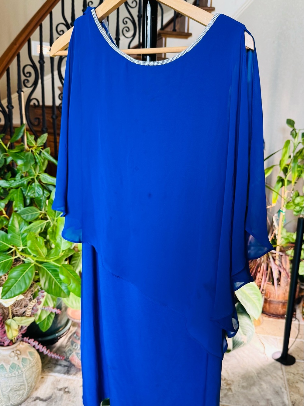 MSK Royal Blue Chiffon Layered Tunic Dress with Beaded Neckline